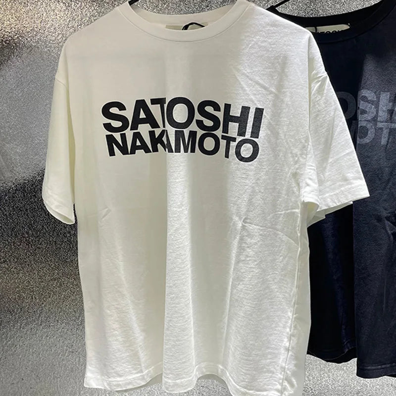 Summer Streetwear Satoshi Nakamoto T Shirt Men Woman Fashion Vintage Print Short Sleeve Washed Damaged Hole Old  Top Tee