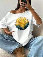 100% Cotton Plus Size Golden Sun Ocean Beach Print Shoulder Loose Print T-Shirt Oversized Y2K Style Graphic Tees Women Tops S
