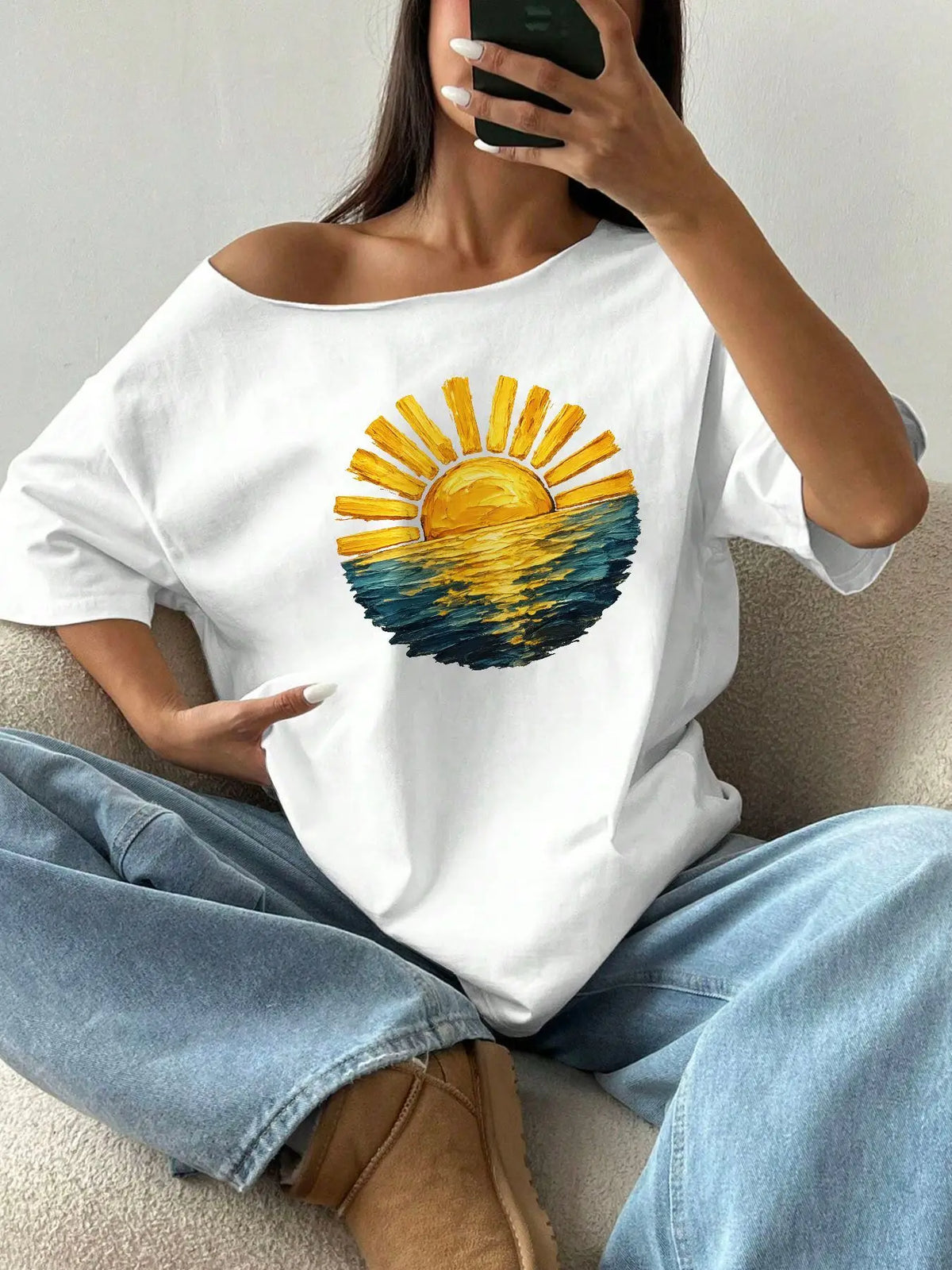 100% Cotton Plus Size Golden Sun Ocean Beach Print Shoulder Loose Print T-Shirt Oversized Y2K Style Graphic Tees Women Tops S