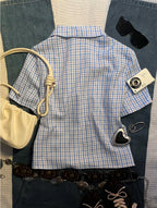 European and American retro preppy style plaid shirt, women's short-sleeved cardigan button shirt
