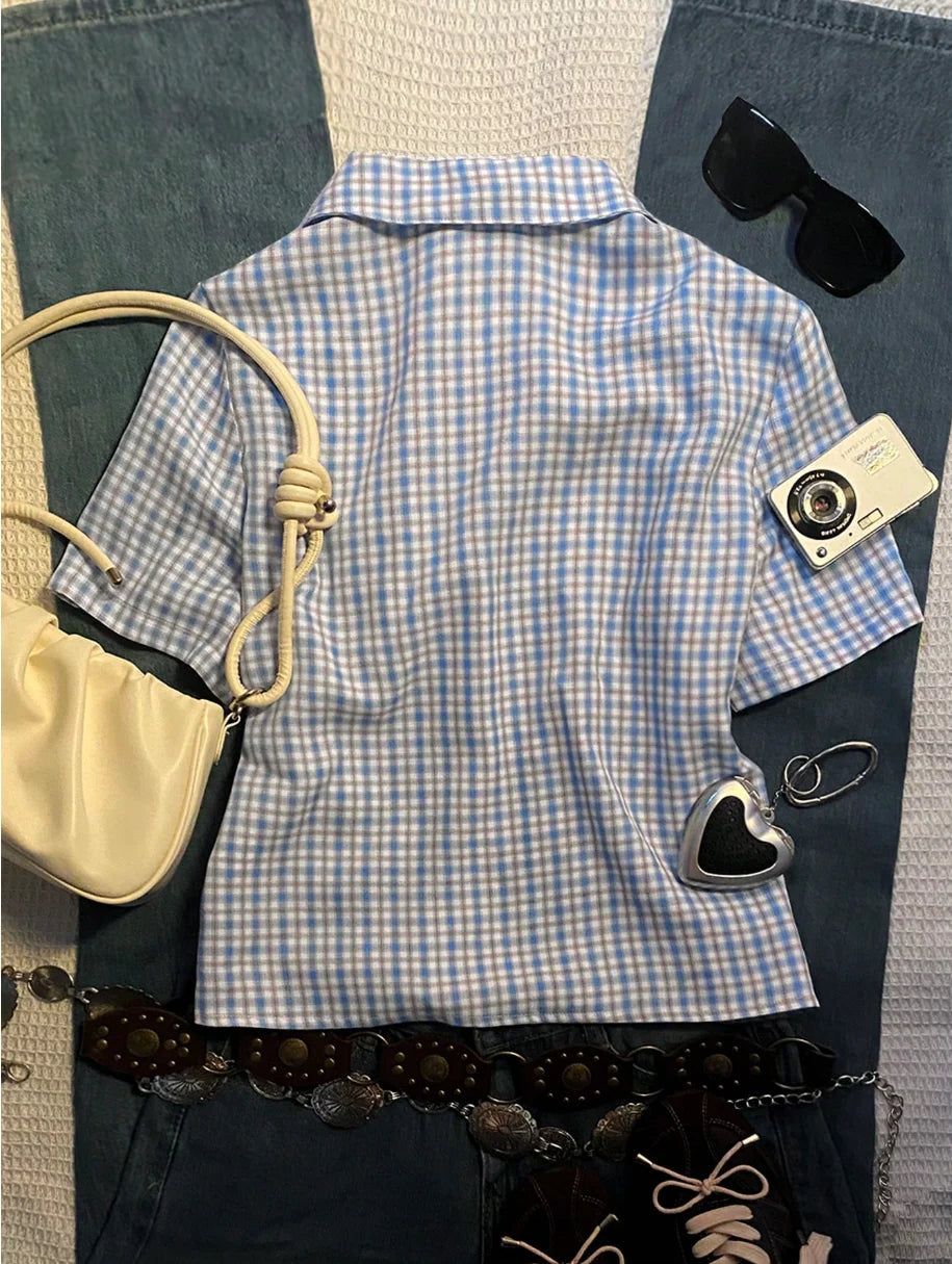 European and American retro preppy style plaid shirt, women's short-sleeved cardigan button shirt