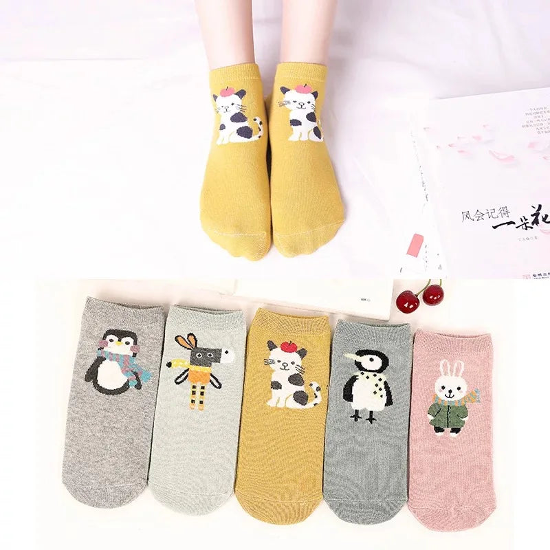 5 Pairs Lot Pack Women Socks Spring Summer Animal Unicorn Cat Fox Ear Cartoon Happy Funny Cute Lovely Cotton Ankle Socks Heart
