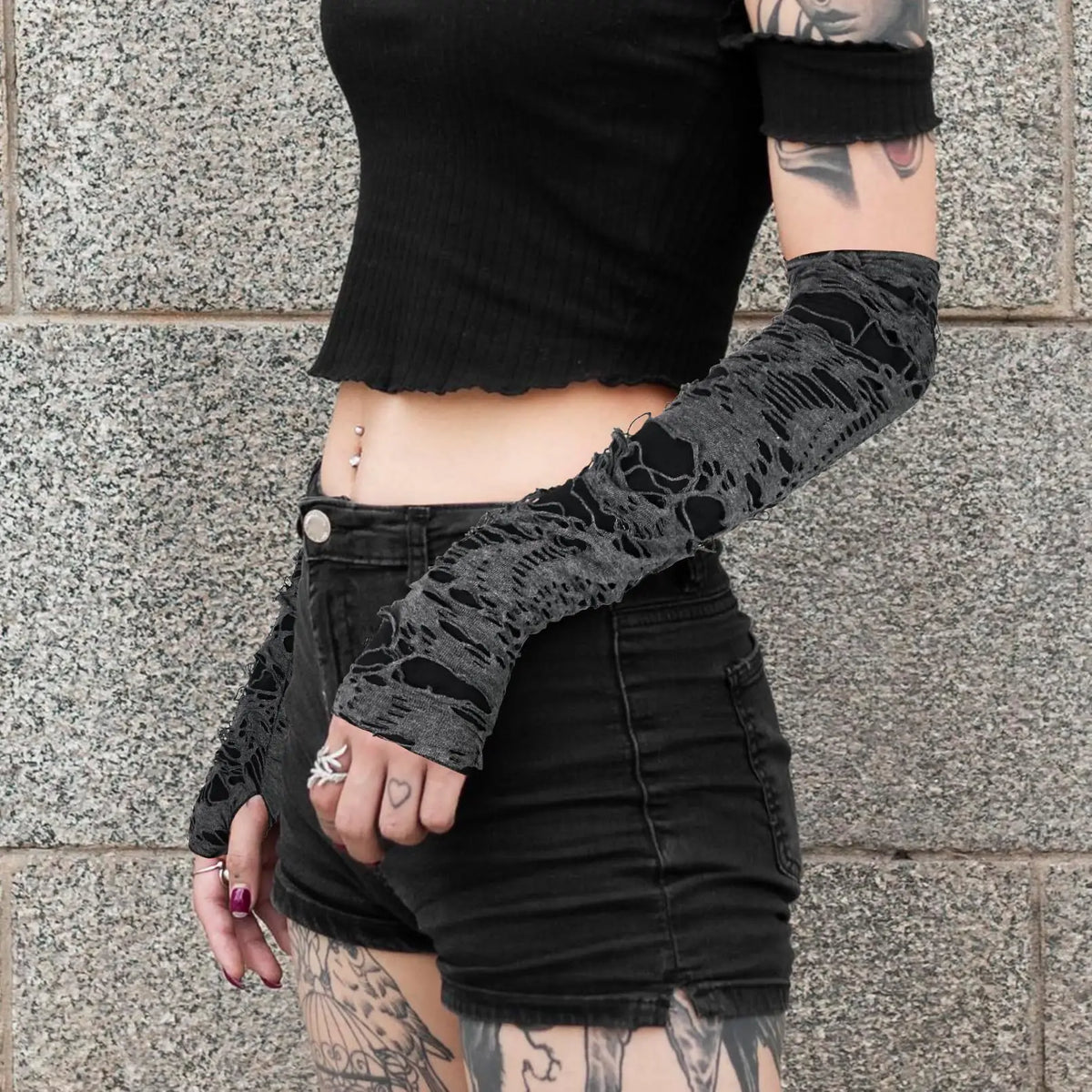 Casaul Broken Slit Gloves Sexy Gothic Fingerless Gloves Halloween Gloves Black Ripped Holes Decor Cosplay Gloves For Adults