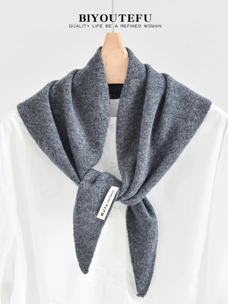 100% Australian Wool Knitted Triangle Scarf Shawl Women's Autumn  Winter Warm Neck Protection Scarf Decorative  Small Scarf