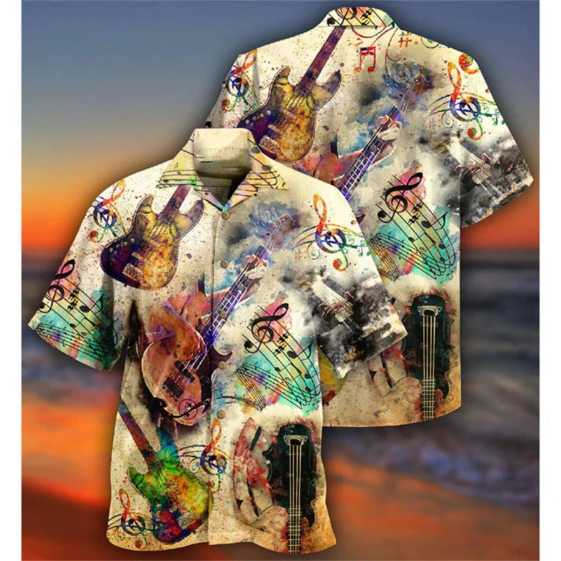 Guitar Bass Pattern Hawaiian Shirts For Men Vintage Musical Instrument 3D Printed Blouse Summer Loose Aloha Shirts Short Sleeves