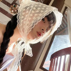 Elegant Lace Triangle Scarf for Women White Sweet Floral Design Breathable Thin Ribbon Artistic Style for Travel Photos