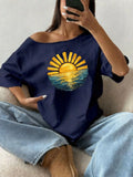 100% Cotton Plus Size Golden Sun Ocean Beach Print Shoulder Loose Print T-Shirt Oversized Y2K Style Graphic Tees Women Tops S