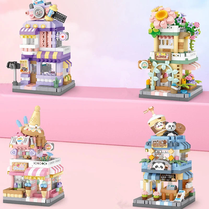 NEW Panda Pet Coffee Ice Cream Flower Shop Store Street View Food House Building Blocks Kit Girls Bricks Model Kids Toy Children