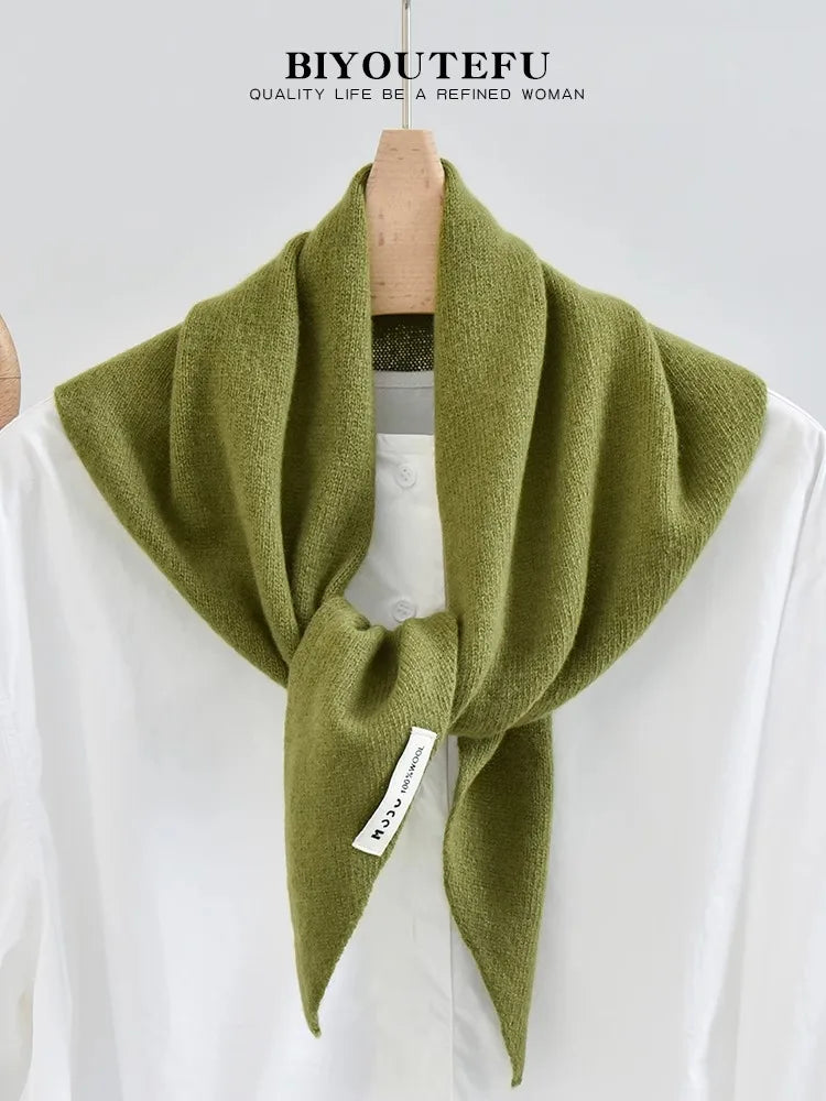 100% Australian Wool Knitted Triangle Scarf Shawl Women's Autumn  Winter Warm Neck Protection Scarf Decorative  Small Scarf