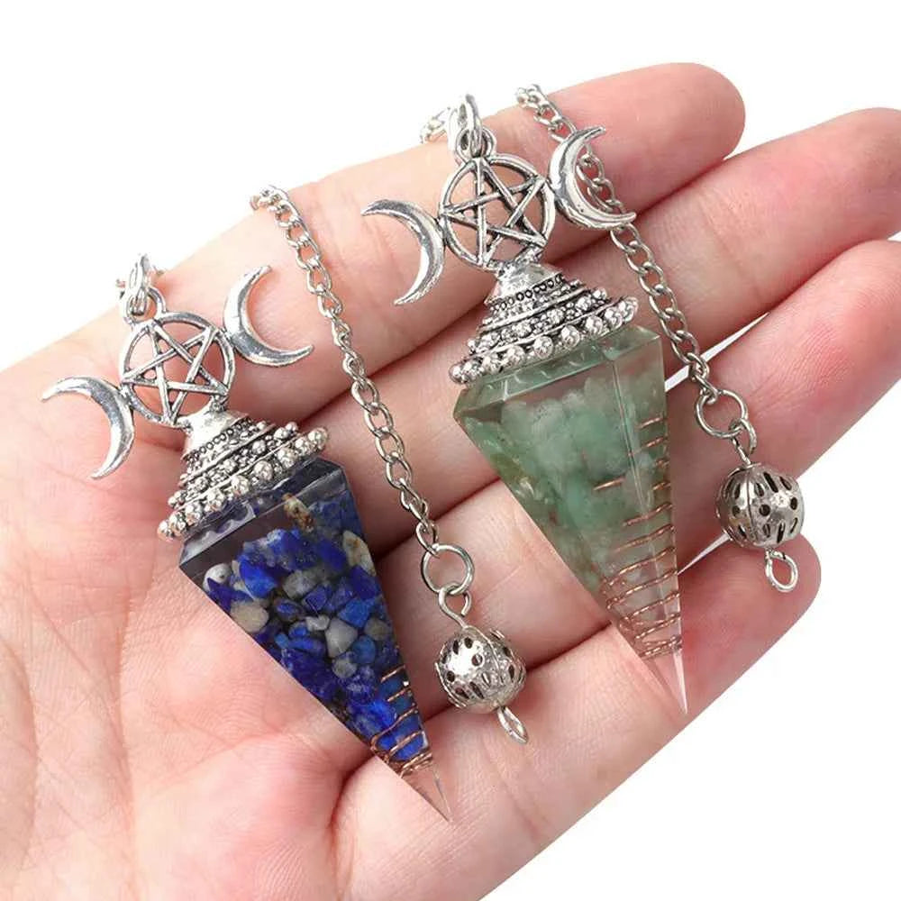 54x24mm Natural Stone Crystal Reiki Pendulum Three Phases Moon Hexagonal Cone Amethysts Charms for Jewelry Making DIY Necklace