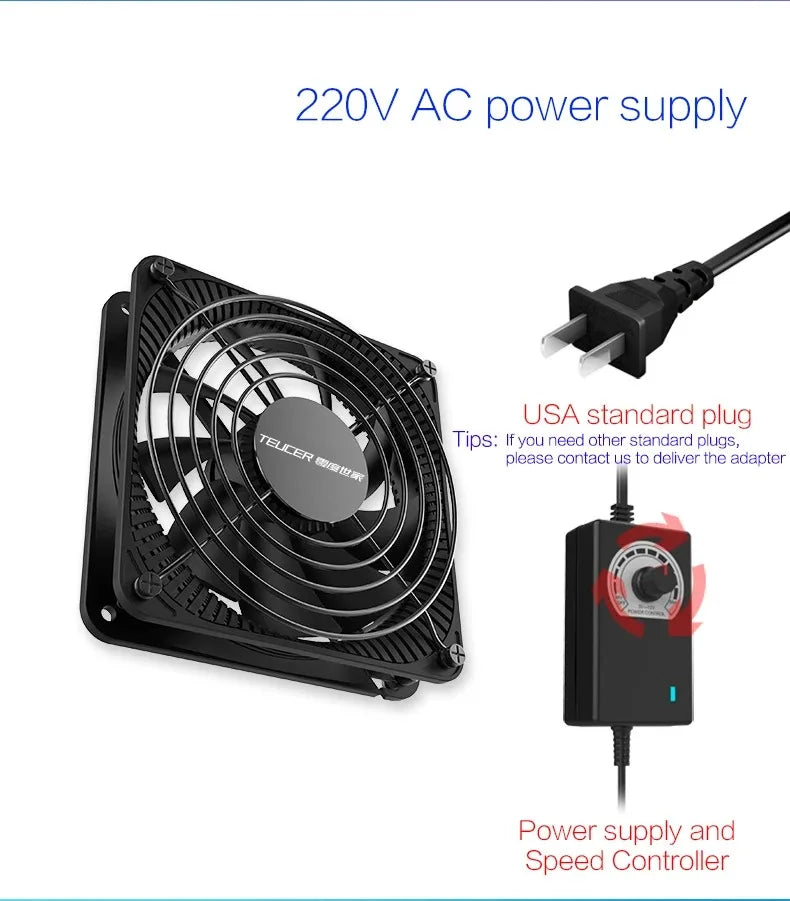 TEUCER 3000RPM 120MM Large Air Volume 220V Btc Mining Machine Workstation Cabinet Server Case Cooling System Fan with Adapter