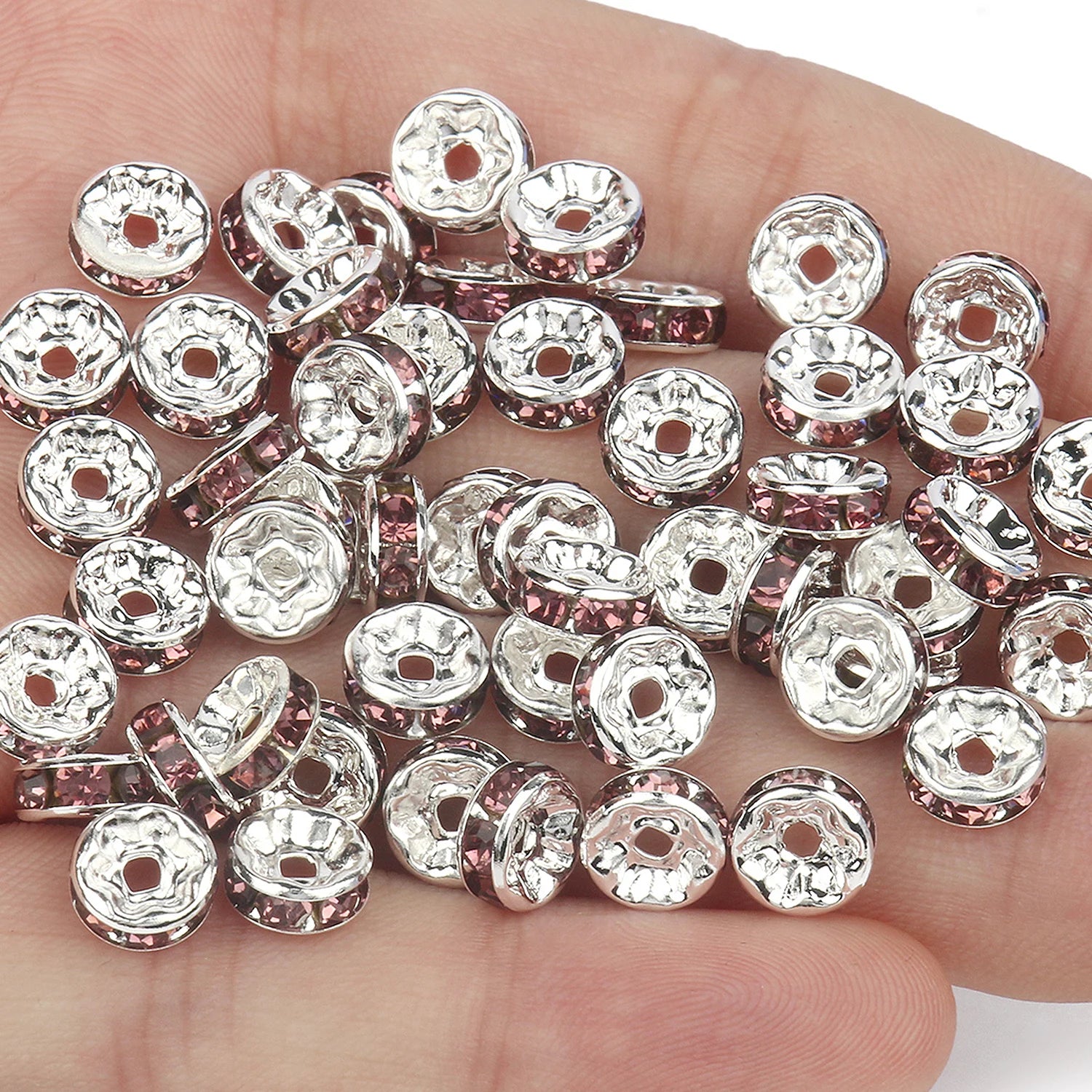 50pcs Rhinestone Spacer Beads Multi-color Crystal Metal Spacers Rondelle Beads for Jewelry Making DIY Bracelets Accessories
