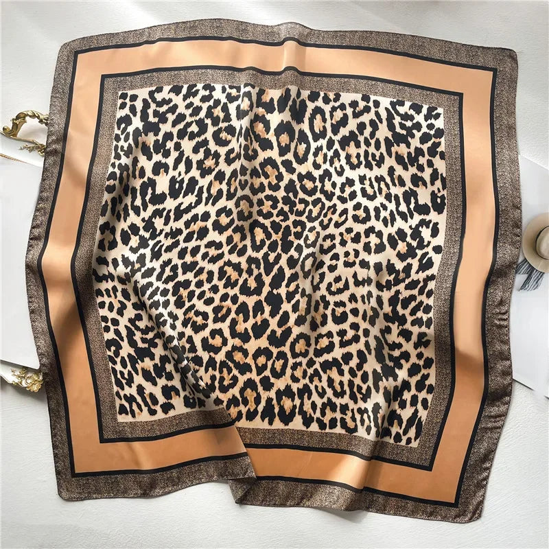 1pcs 70cm Leopard Print Silk Scarf for Women Imitation Silk Light Luxury Versatile Headwear Bag Decoration Clothing Square Scarf