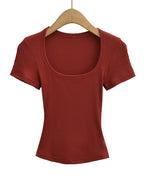 Square Collar High Stretch Summer Crop Tops Women Short Sleeve Tops Sexy Pullover Bottoming Blouses Slim T-shirt