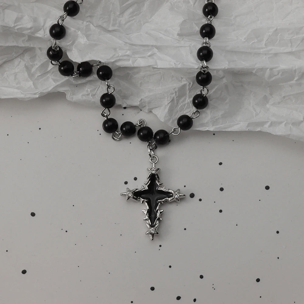 Gothic Bat Cross Dark Pendant Necklace Set, Y2K Personalized Thorn Love Black Bead Stacked Necklace Set, Suitable as Halloween G