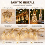Halloween Lights USB Hemp Rope Edison Bulb String Lights 8/16/24LED Warm White 8 Modes for Porch Patio Garden Party Decor