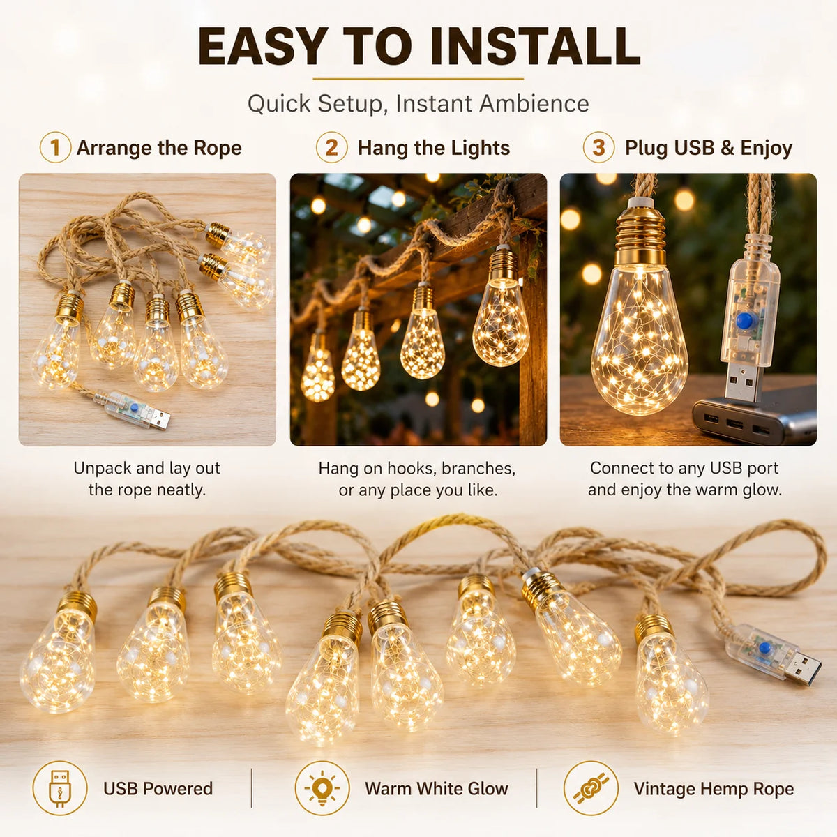 Halloween Lights USB Hemp Rope Edison Bulb String Lights 8/16/24LED Warm White 8 Modes for Porch Patio Garden Party Decor