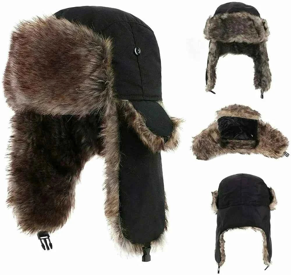 Men's Warm Soldier Hat Winter Pilot Patrolman Earmuffs Polyester Fiber Warm Russian Ski Hat Windproof Cold Pilot Hats