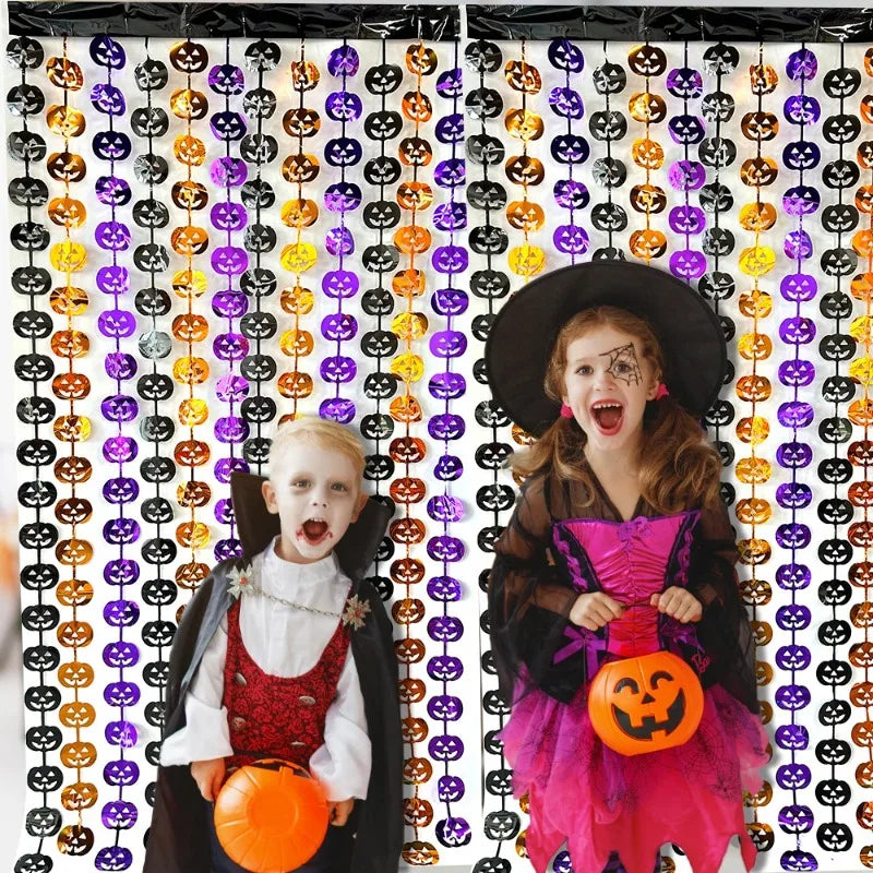 Halloween Pumpkin Bat Spider Fringe Backdrop – Spooky Party Decor
