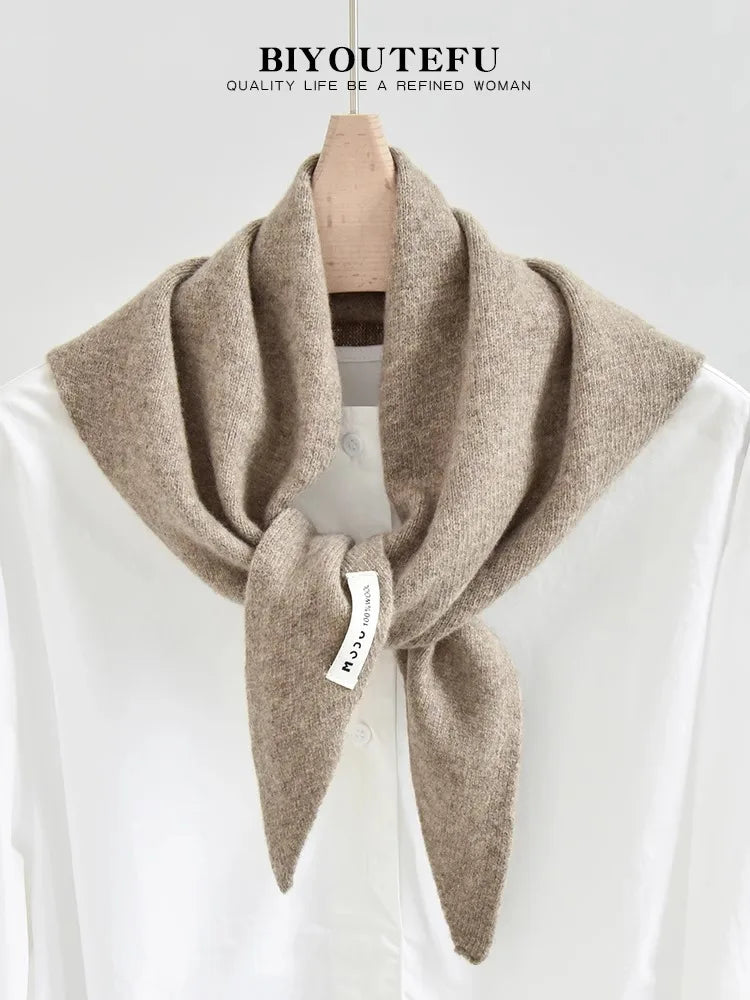 100% Australian Wool Knitted Triangle Scarf Shawl Women's Autumn  Winter Warm Neck Protection Scarf Decorative  Small Scarf