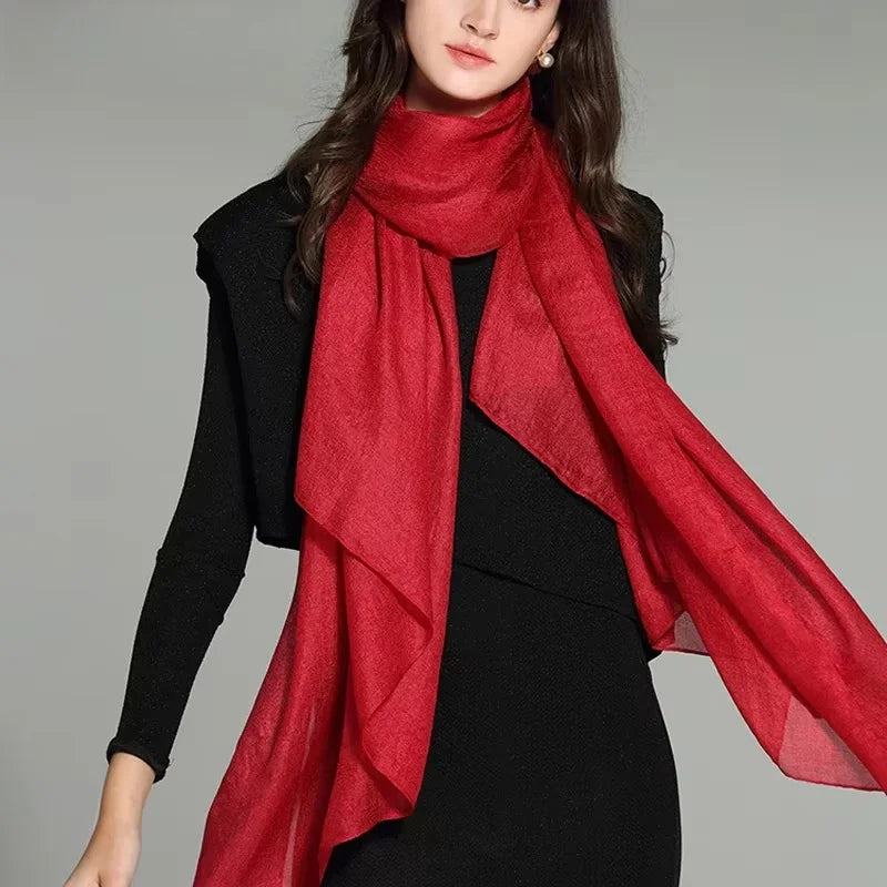 2025 Women's Pure Color Linen Scarf Long Bohemian Beach Wrap Shawl Summer Sunscreen Hijab Stole Versatile Fashion Accessory
