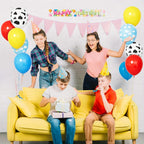 Red Yellow Blue Toy Balloons,Light Blue Cloud Cow Print Balloons for Baby's Birthday Story and Football Party Themed Decorations