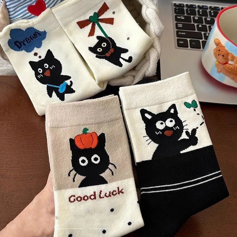 4 Pairs  Cute Socks with Personality Polka Dots Cat Korean-style INS Stacked Socks for All Seasons Student Mid-calf Socks