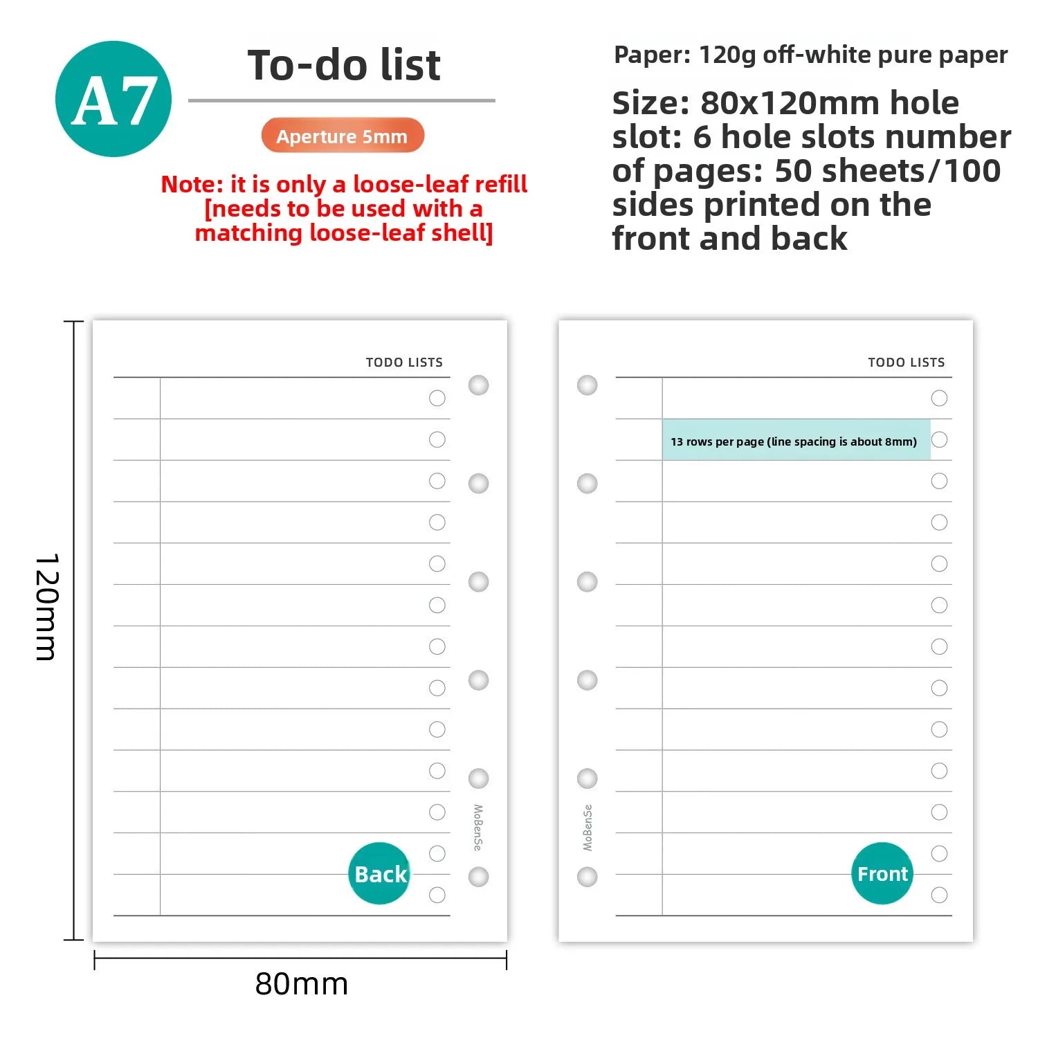 A7 50Sheets Loose Leaf Notebook Refill Spiral Binder Inner Page Weekly Monthly To Do Line Grid Inside Paper Stationery