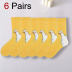 1/6 Pairs Cartoon Women Socks Fashionable And Versatile Cute Design Funny Goose Breathable Soft Comfortable Women Casual Socks﻿