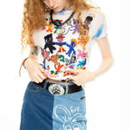 Women Bodycon T-Shirts Short Sleeve Tie Dye Tees Stretch Crop Tops Goblin Core 2000s Coquette Gyaru Aesthetic Kpop Kawaii Summe