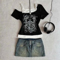 Women's 90s Vintage Punk T-Shirt Summer Streetwear Sexy Short Sleeve Gothic Slim Crop Top Hotgirl Casual Femme Tee Harajuku Y2k