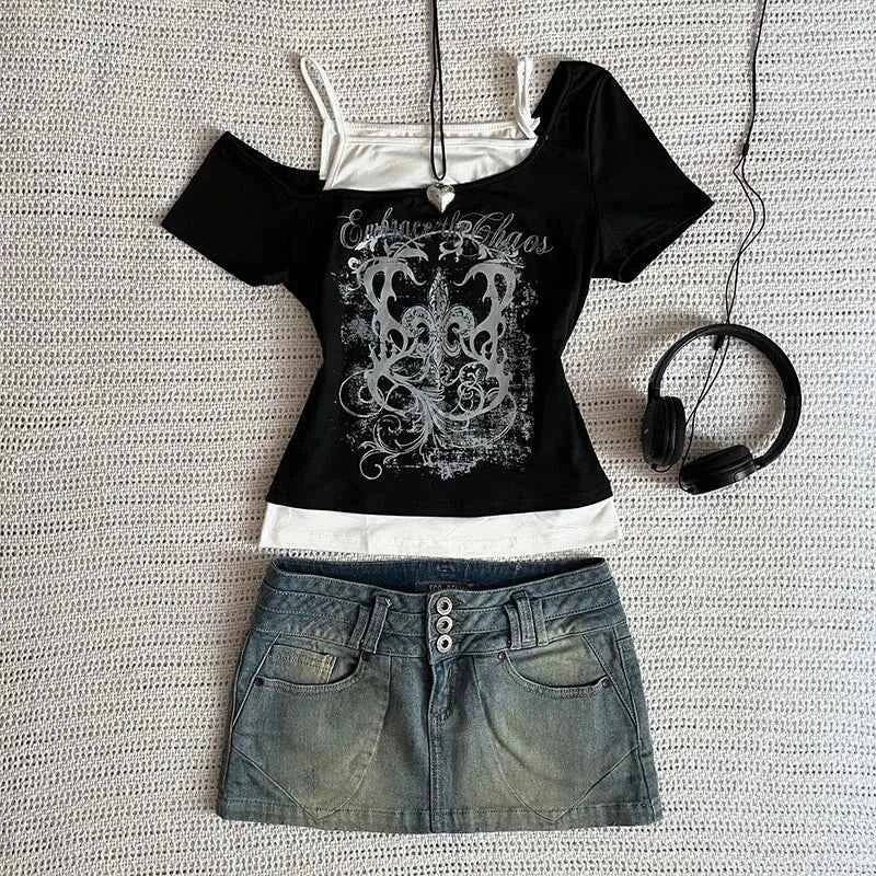 Women's 90s Vintage Punk T-Shirt Summer Streetwear Sexy Short Sleeve Gothic Slim Crop Top Hotgirl Casual Femme Tee Harajuku Y2k
