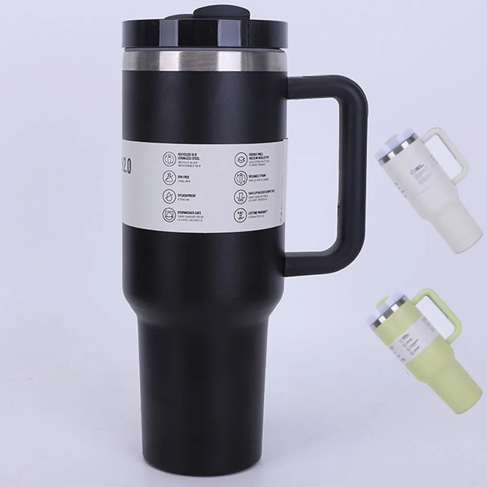 40 Oz / 1200 Ml Insulated Mug with Handle and Straw, Stainless Steel Tumbler with Spill-proof Lid for Hot or Cold Drinks