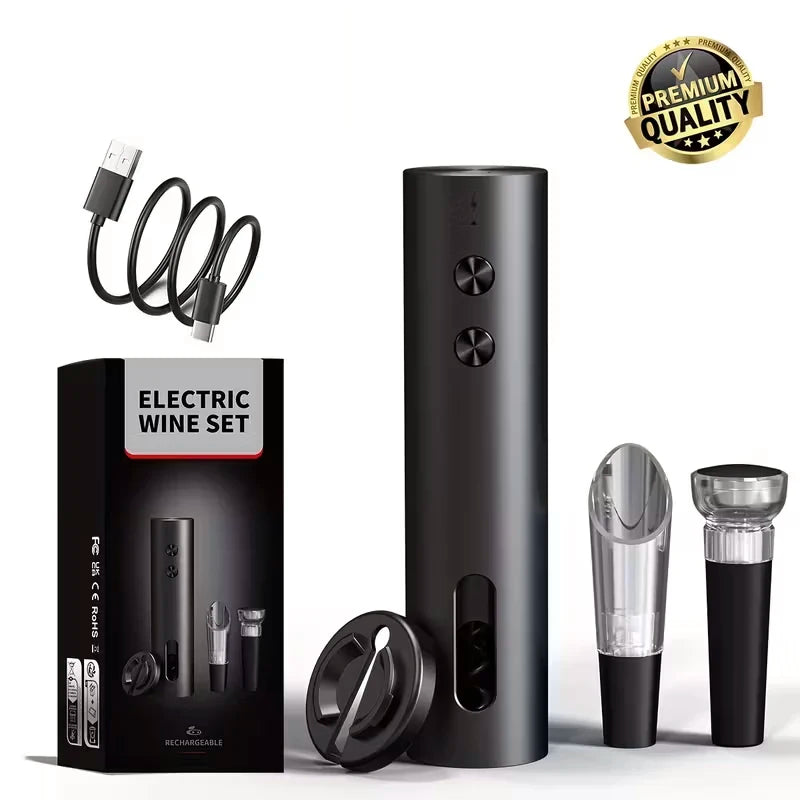 Rechargeable Electric Wine Opener with Foil Cutter, Wine Pourer & Vacuum Stopper USB-C Charging Compact Design for Home Kitchen