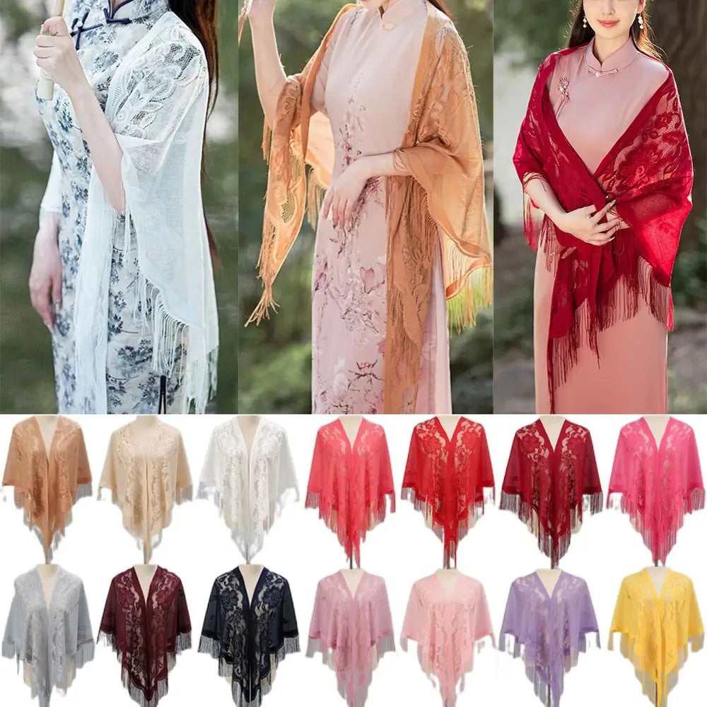 Tassel Patchwork V-Neck Cardigans Women Wedding Accessories Shawl Hollow Multicolored Evening Prom Cape Tulle Shawl Party