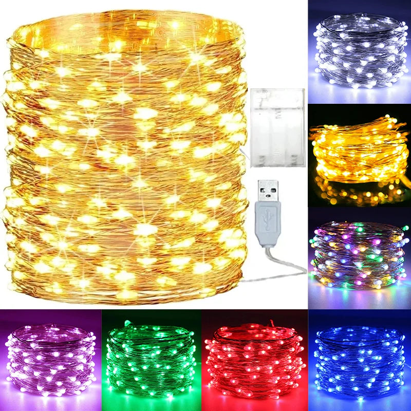 5M 10M Waterproof USB Battery LED Lights String Copper Wire Fairy Garland Light Lamp Christmas Wedding Party Holiday Lighting