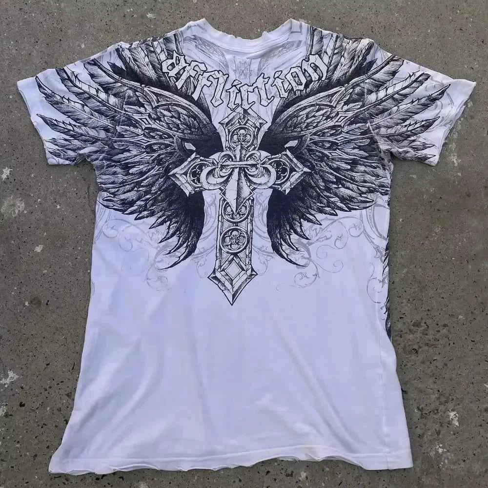 2000s affliction Graphic T-Shirt Mens Large Grunge Wings New Fashion Style Couple Tops Pure Cotton Shirt