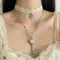 Y2K White Lace Cross Strap Key Choker Necklace for Women Sweet Cool Heart Chain Double Layer Necklace Fashion Party Jewelry Gift