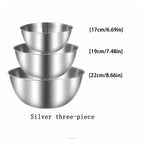 3Pcs A set of three stainless steel bowls for mixing, kneading dough, and serving salads, suitable for kitchen use.