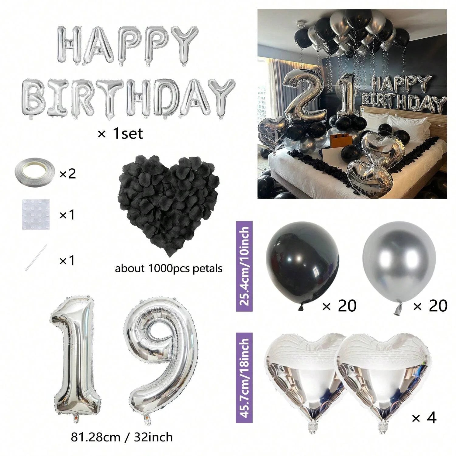 1050/21/200pcs Black & Silver Party Balloons Decorations, Silver Happy Birthday Banner, Chrome Silver Latex Balloons