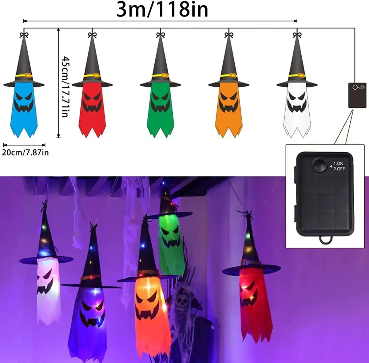 5-Piece Halloween Witch Hat String Lights Colorful LED Decor