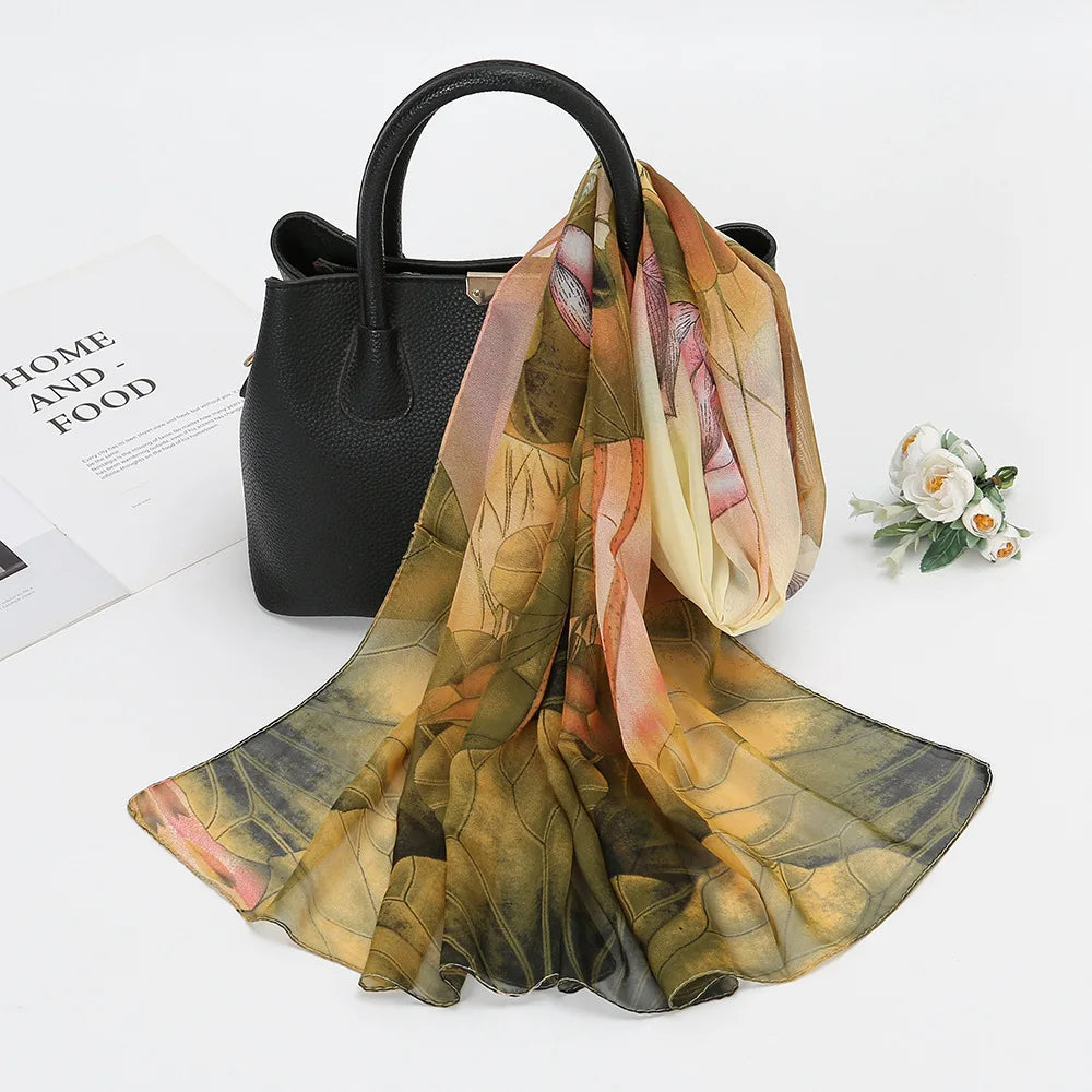 1PCS Lotus Print Chiffon Scarf Fashionable Lightweight Neck Scarf For Women Summer Neck Sun Protection Silk Scarf Shawl 150*50cm