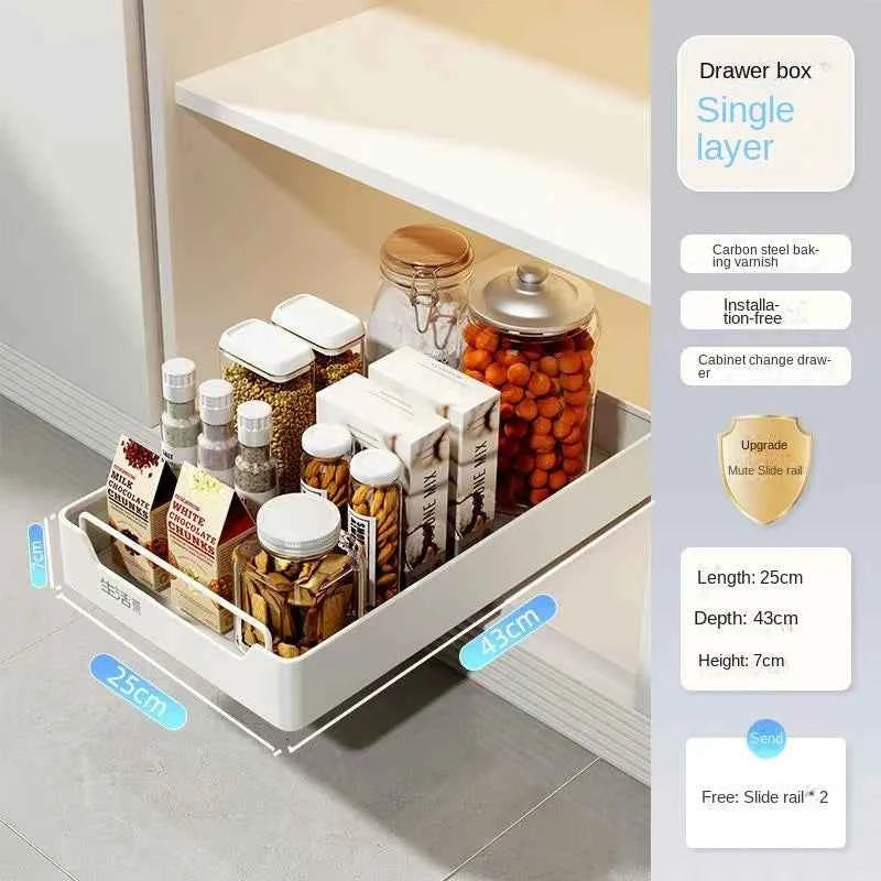 New Kitchen Storage Rack with Slide Rails Pull-out Kitchen Drawer Type Storage Tray Spice Box Storage Shelf Cabinets Organizer