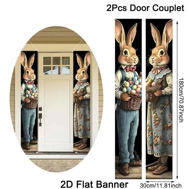 2pcs Happy Easter Bunny Door Banners Polyester Easter Egg Holiday Flags for Outdoor Indoor Spring Holiday Easter Decoration 2026