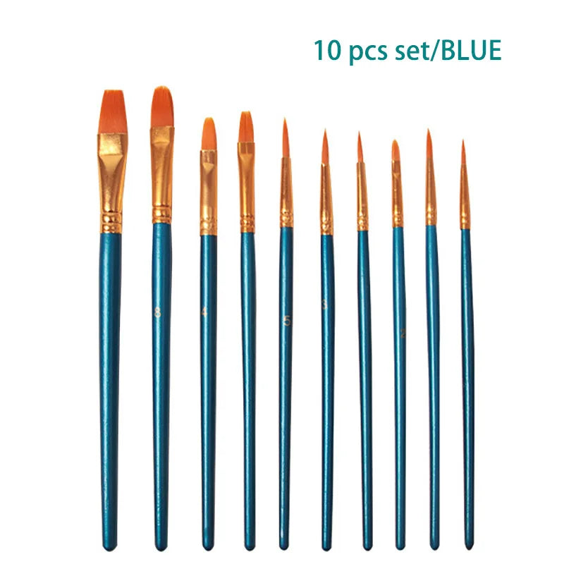 10 Pcs Set Nylon Hair Children's Artists Painting Brush Art Special Multifunction Hook Line Short Pointed Pen Available 4 Colors