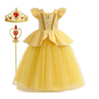 Beauty and the Beast Inspired Party Mesh Dress for Girl Elegant Fancy Princess Costume Belle Deluxe Ball Gown Kid Christmas Robe