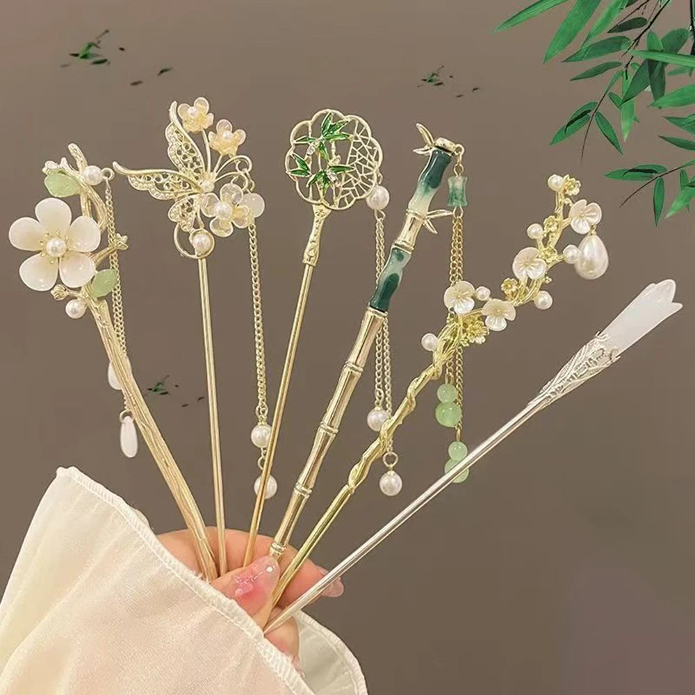 1/6pcs Elegant Chinese Style Tassel Hair Stick Traditional Floral Design Hairstyle Accessory Women Jewelry Hairpin Hairneedle