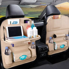 Car Seat Back Organizer with Foldable Table Tray – PU Leather Storage with Multiple Pockets & Kick Mats, Car Interior Accessories