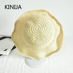 Beach Hat Female Sunscreen Cap Simple Women Panama Straw Hat Summer Sun Hat for Women Lady Folding Travel Caps 10cm Brim Floppy