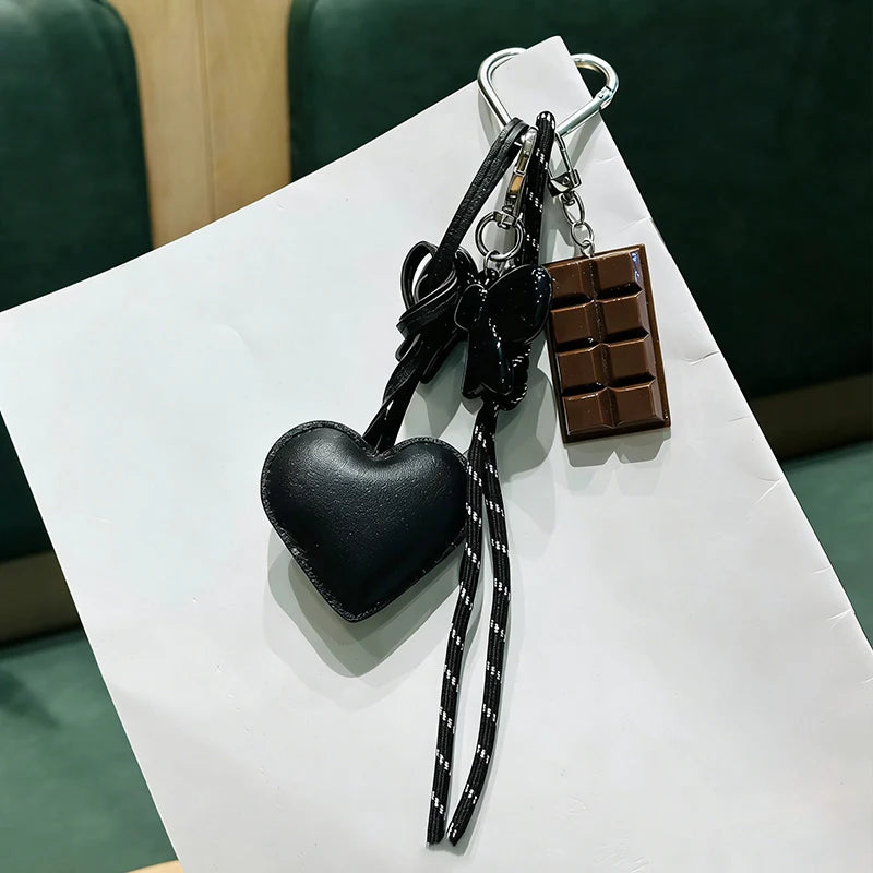 INS Style Kawaii Korea Trendy Heart Leather Keychain Bag Package Decor Chocolate Pendant Accessories Creative Key Chain Trendy